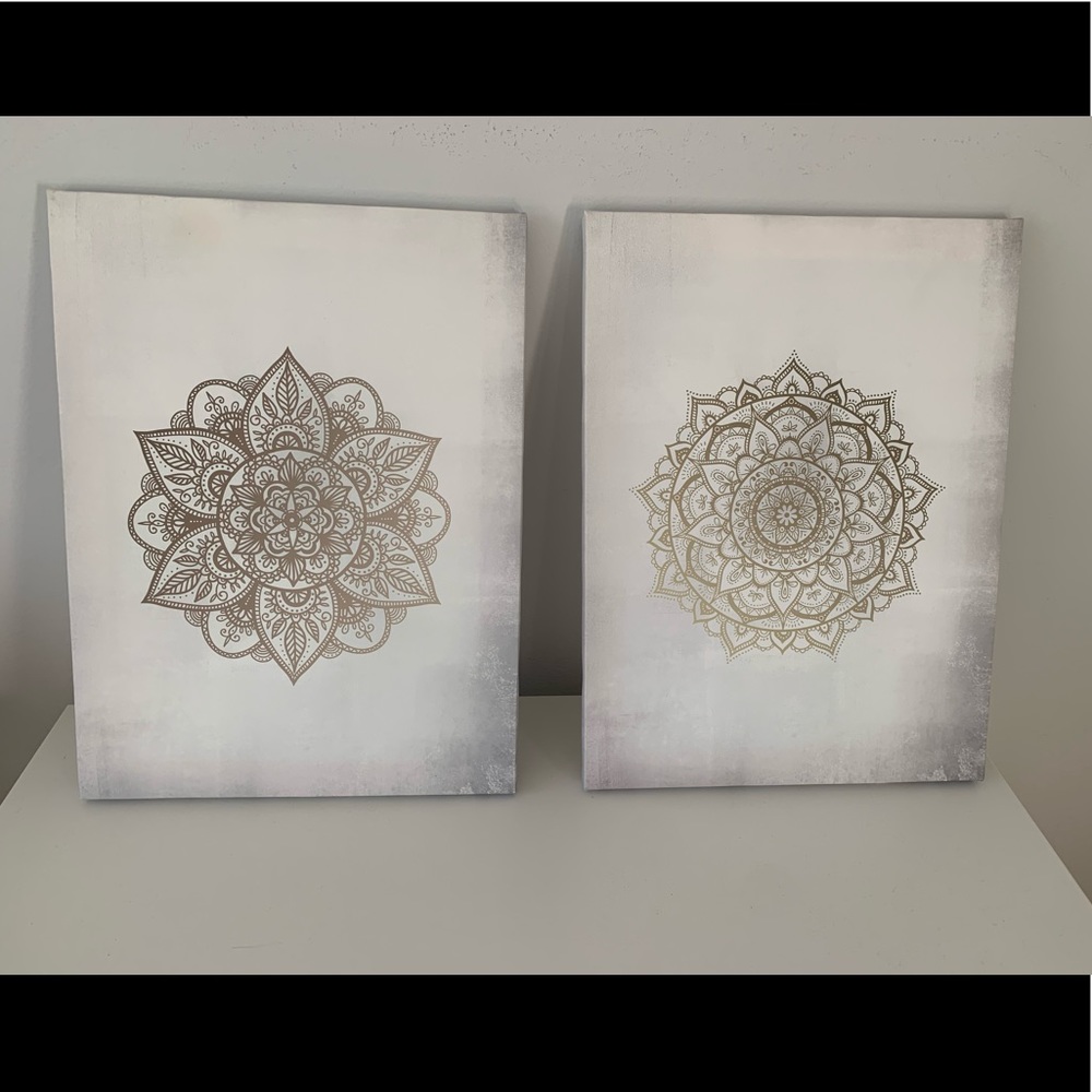 Set of 2 boho gold flower canvas paintings
